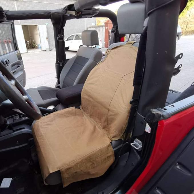 SUNPIE Upgrade Larger Seat Protector Universal Fit Tactical Seat Cover for Trucks Pickup SUV, Compatible with JL/JT, JK, TJ, Compatible with F150 Multi Pockets Molle Seat Back Organizer-Beige