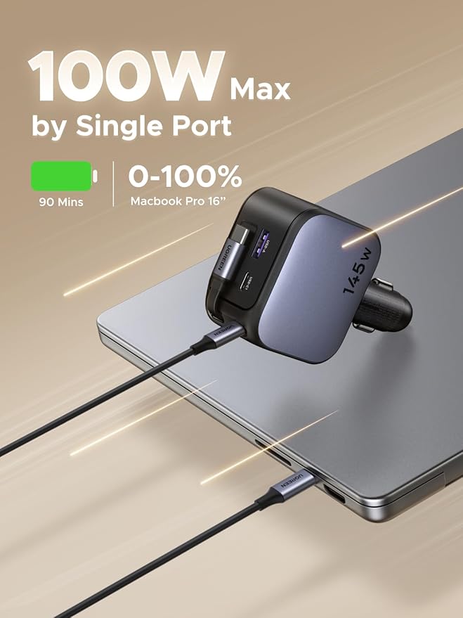 UGREEN 145W 4-Port Retractable Car Charger, 3C1A USB C Fast Charger with 60W Retractable Cable, Cigarette Lighter Adapter Compatible with MacBook Pro, iPhone 17/16, Galaxy S25/S24 Ultra, iPad, Laptop