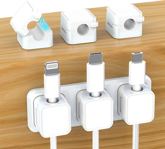 Magnetic Cable Organizer for Desk – Upgraded Wire Clips with Adhesive Base – Desktop Cord Holder for USB, Charging Cables – 6 Clips + 1 Magnetic Base (White)