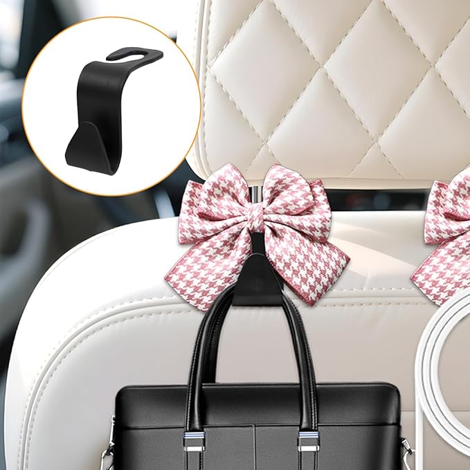 Cute Bow Car Seat Headrest Hooks, 2PCS Multifunctional Vehicle Rear Seat Hanging Hooks, Automotive Interior Seatback Storage Organizer for Purses Bags, Universal Fit (Pink/Houndstooth)