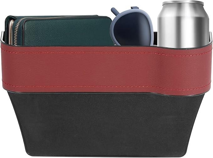 HARFINGTON Car Seat Gap Filler Organizer 10.2 x 6.5 x 3.1 Inch ABS+Leather Universal Car Organizer Storage Box Between Seat and Console (Right) with Cup Holders for Phone Sunglasses Keys, Red