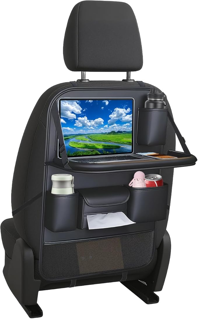 Car Backseat Organizer with Foldable Table Tray – Leather Seat Protector Kick Mats for Kids & Pets, 8 Storage Pockets Travel Organizer with Touch Screen Tablet Holder for SUV Truck Family Road Trips