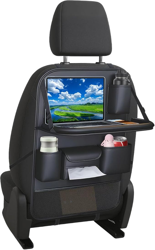 Car Backseat Organizer with Foldable Table Tray – Leather Seat Protector Kick Mats for Kids & Pets, 8 Storage Pockets Travel Organizer with Touch Screen Tablet Holder for SUV Truck Family Road Trips