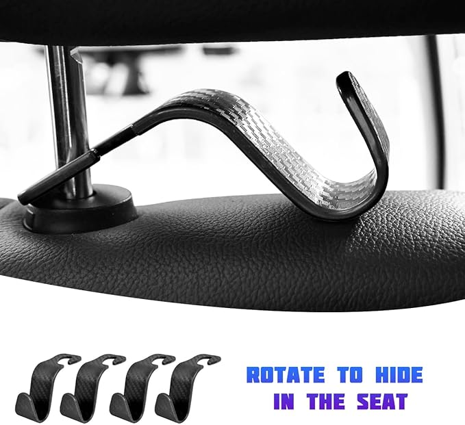 Car Seat Headrest Hooks, 4PCS Carbon Fiber Vehicle Back Seat Storage Hanger Holder for Hangbag Coat Grocery, Automotive Interior Headrest Hook Organizer, Universal for Vehicles (Black)