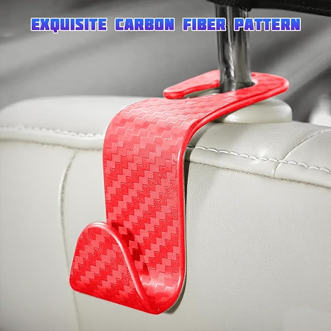 Car Seat Headrest Hooks, 4PCS Carbon Fiber Vehicle Back Seat Storage Hanger Holder for Hangbag Coat Grocery, Automotive Interior Headrest Hook Organizer, Universal for Vehicles (Red)