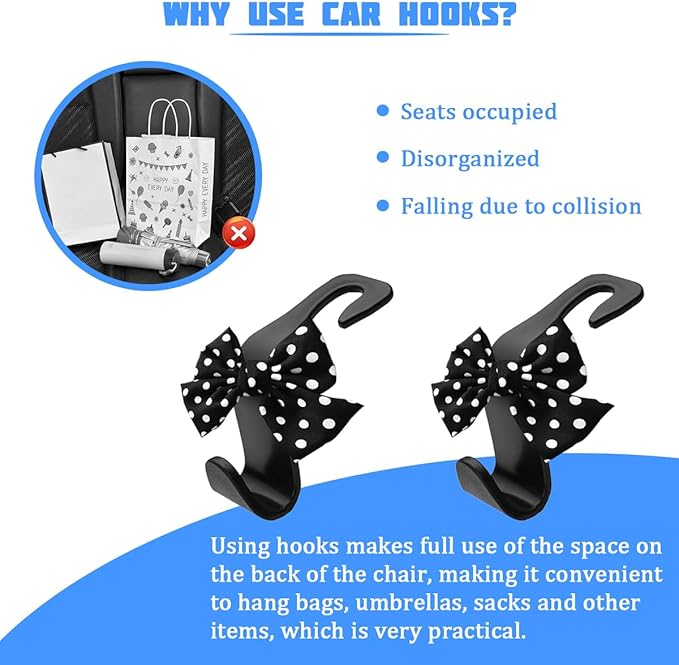 2PCS Car Seat Headrest Hooks, Cute Bow Vehicle Backseat Storage Hanger for Handbag Umbrella Coat, Automotive Seat Back Hook Holder Organizer Decor, Universal for Vehicles (Black Polka Dots)
