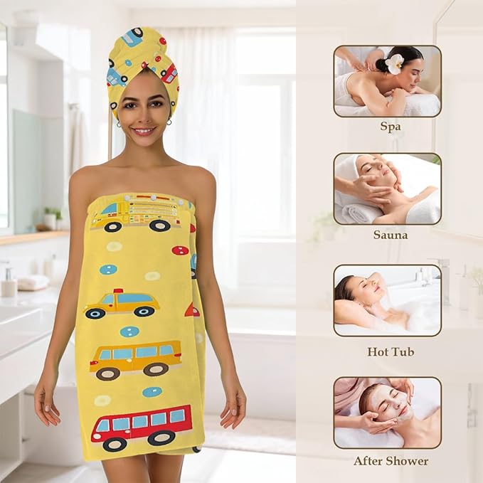 Women Bath Wrap Hair Towel Drying Cap Set Cute Cartoon Cars Bus Soft Absorbent Bathrobe Shower Wraps with Adjustable Closure Spa Bath Robe