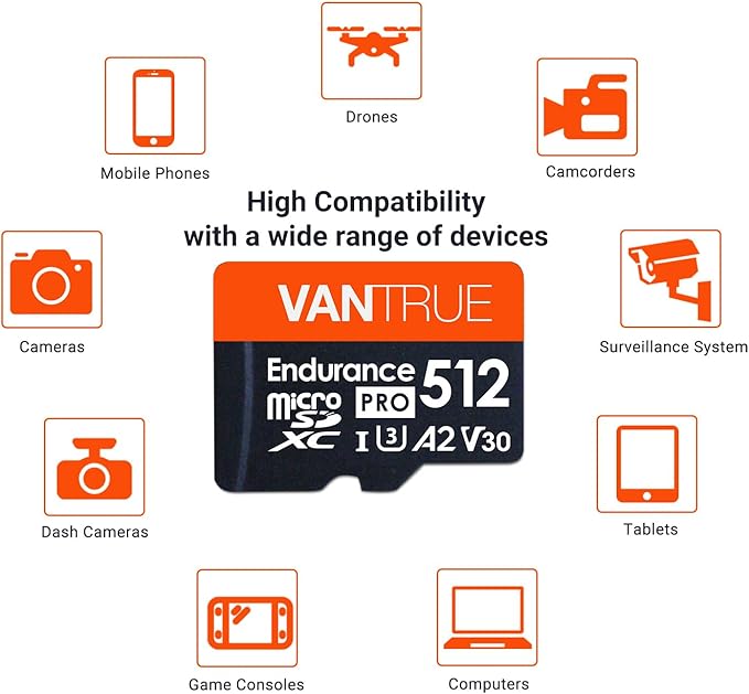 Vantrue 512GB microSDXC UHS-I U3 4K UHD Video High Speed Transfer Monitoring SD Card with Adapter for Dash Cams, Body Cams, Action Camera, Surveillance & Security Cams