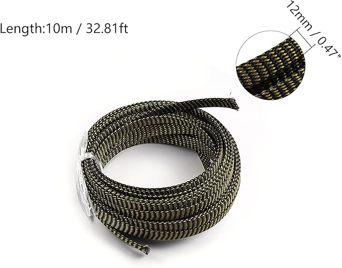 Aicosineg 32.81ft PET Flexible Braided Cable Sleeve 0.44inch Width Wire Loom Sleeving and Organizer Flexible Wire Mesh Sleeve Wrap Protector for TV Audio PC Cords from Pets Chewing Black and Gold