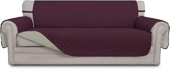 Easy-Going Reversible Couch Cover for 3 Cushion Couch Sofa Cover for Dogs Water Resistant Furniture Protector Cover with Foam Sticks Elastic Straps for Pet Cat (Sofa, Wine/Beige)