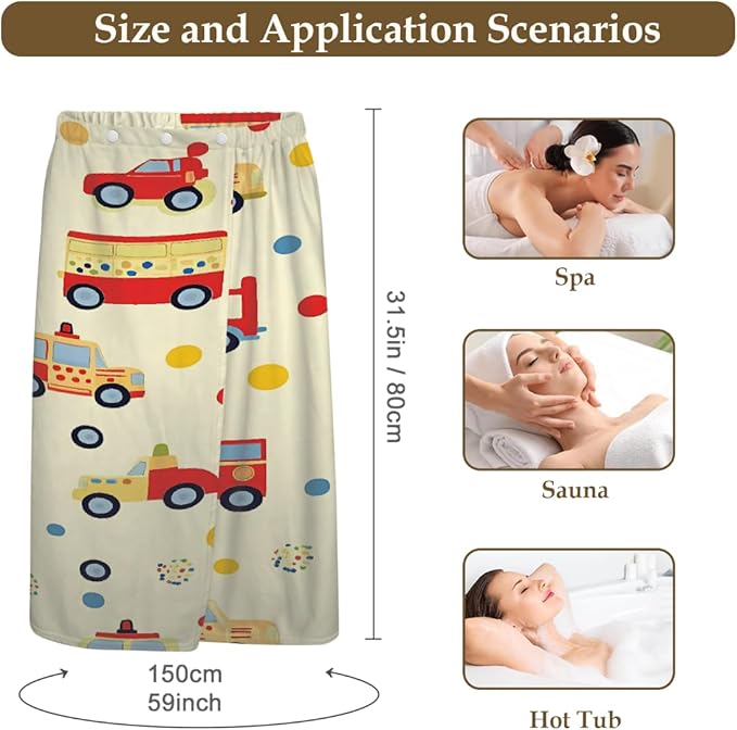 Women's Bath Wrap Colorful Cars Bus Polka Dot Absorbent Shower Spa Body Bath Robe Wraps Bathrobe Towel with Adjustable Closure