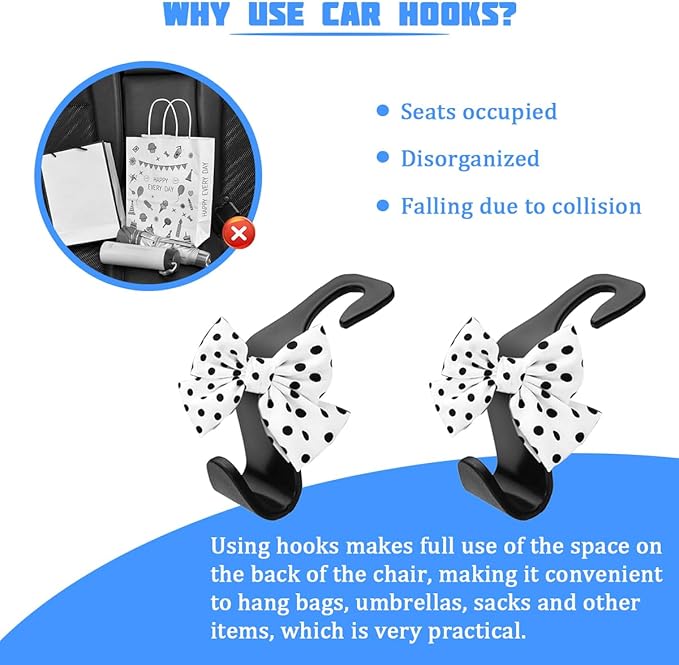 2PCS Car Seat Headrest Hooks, Cute Bow Vehicle Backseat Storage Hanger for Handbag Umbrella Coat, Automotive Seat Back Hook Holder Organizer Decor, Universal for Vehicles (White Polka Dots)