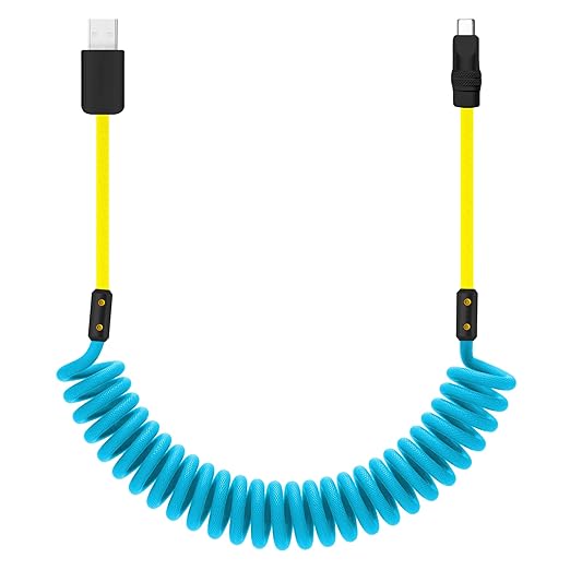 chubbycable Curly Chubby 120W Coiled USB C Cable Retractable Fast Charging Cable for Car Charger Cord Compatible with iPhone 17-15 Series, Light Blue+Yellow, USB-A to Type-C, 2.29FT-3.6FT