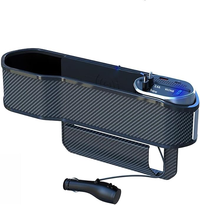 Universal Car Seat Gap Filler Organizer,Storage Box with Cup Holder Dual USB ports,2 Charging Cables and Wireless Charger,Cigarette Lighter,Car Front Seat Box for Multifunctional Car Interior Access