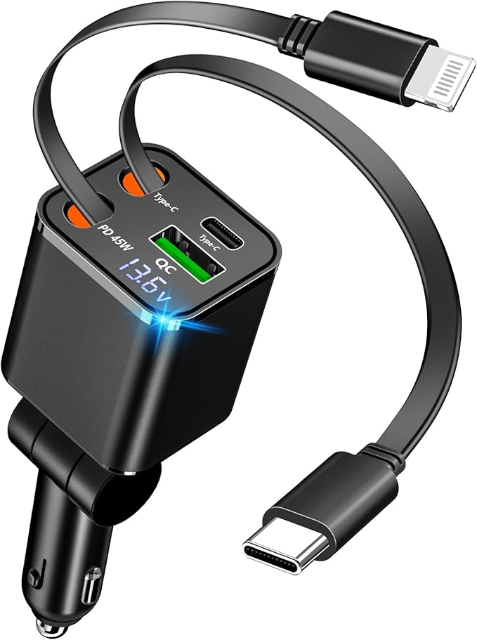 Retractable Car Charger, 120W 4-in-1 USB-C & Lightning Fast Charge Car Phone Charger, Dual Retractable Cable for iPhone 17/16/15/14/13/12 Samsung Travel Essentials Gifts for Women Men