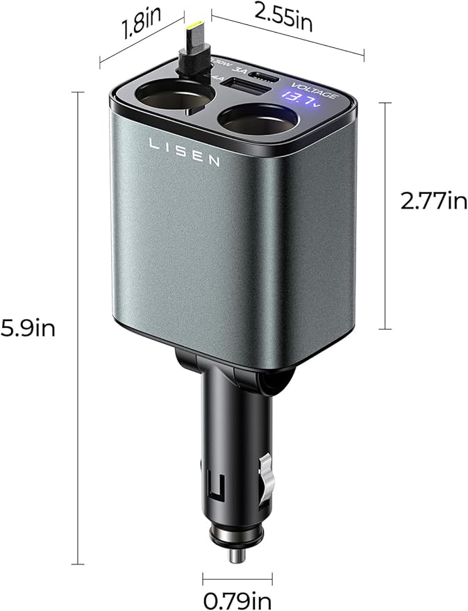 LISEN Car Cigarette Lighter Splitter, Metal 90W Dual Cigarette Lighter Adapter Metal with PD30W Retractable Car Charger, LED Voltage12V/24V Car Charger Splitter for iPhone 16, GPS, DashCam