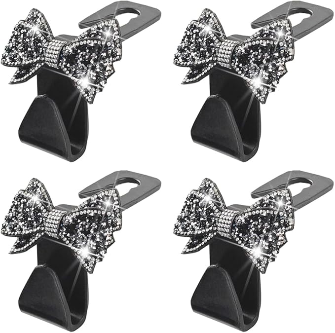 Zpana Bling Car Headreat Hook, 2PCS Crystal Rhinestone Cute Bow Vehicle Seat Back Hanger Storage for Purses Bags Grocery, Diamond Auto Rear Seat Organizer, Universal for SUV Truck Sedan (Pink)