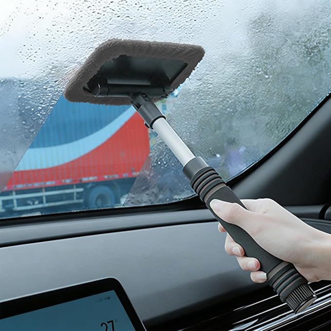 HZEL Car Windshield Cleaner Tool with Extendable Handle, Vehicle Glass Wiper Window Cleaning Tool with 2 Reusable Microfiber Pad, Auto Windscreen Detailing Cleaner Kit, Universal Fit (Square Gray)