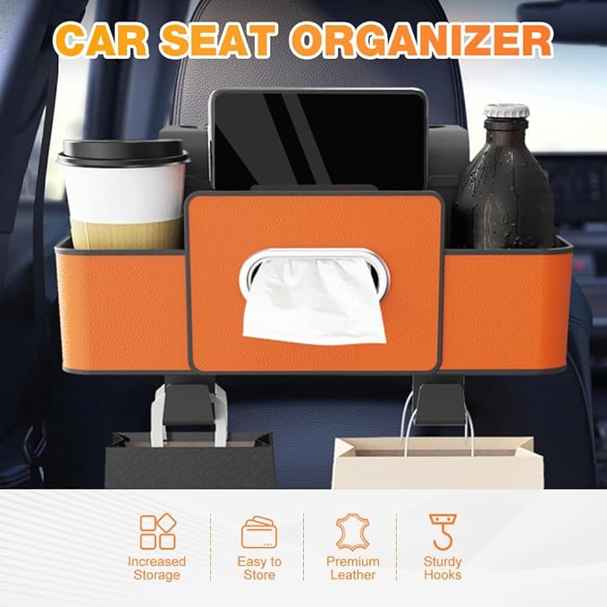 3-in-1 Car Backseat Organizer with Cup Holder, Tissue Box, Trash Bin & Hooks,2026 Multifunctional Back Seat Car Organizer for Hold Phones, Snacks, Drinks, and Handbags (White)