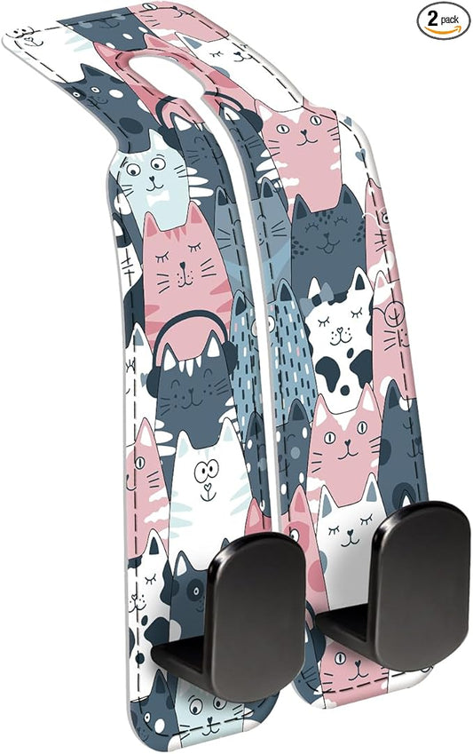 Car Seat Back Storage Headrest Hook, Premium Leather Double Metal Hook, Hanger Storage Organizer for Purse Cloth Bag, Car Interior Accessories Cute Funny Cats