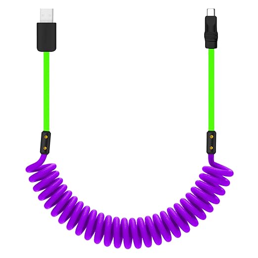chubbycable Curly Chubby 120W Coiled USB C Cable Retractable Fast Charging Cable for Car Charger Cord Compatible with iPhone 17-15 Series, Purple+Green, USB-A to Type-C, 2.29FT-3.6FT