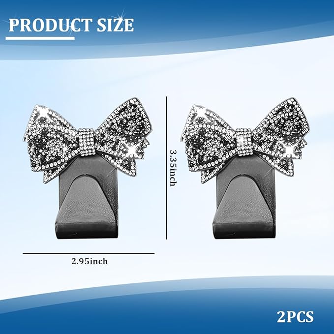 2PCS Bling Bow Car Seat Headrest Hook, Lovely Crystal Rhinestone Back Seat Storage Organizer for Handbag Purse Coat, Girly Sparkling Diamond Backseat Bag Hanger Holder, Universal Fit (Black)