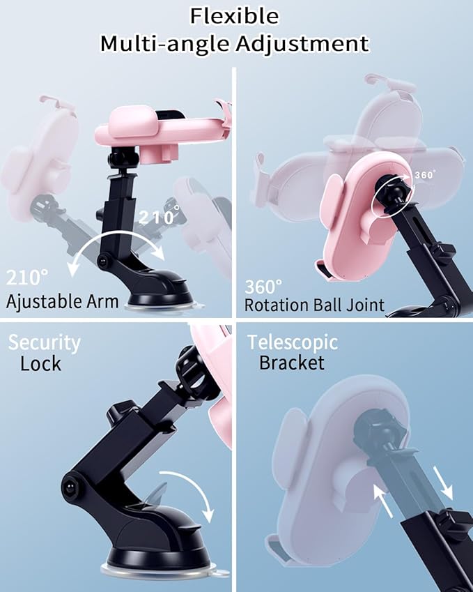 Wireless Car Charger Mount with Air Vent Clip & Suction Base, 15W Fast Auto-Clamping Charging Phone Holder for iPhone 17/16/15/14, Samsung S24/S23, etc.(Pink)