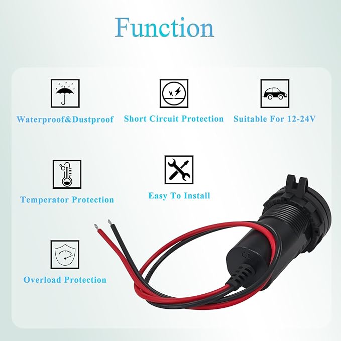 60W PD QC3.0 Fast Charging 12V Socket with Digital Voltage Display Waterproof Power Outlet for Car RV Boat Off-Road