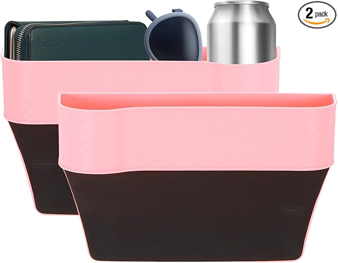 HARFINGTON 2pcs Car Seat Gap Filler Organizer 10.2 x 6.5 x 2.8 Inch PP Universal Car Organizer Storage Box Between Seat and Console (Left+Right) with Cup Holders for Phone Keys, Pink