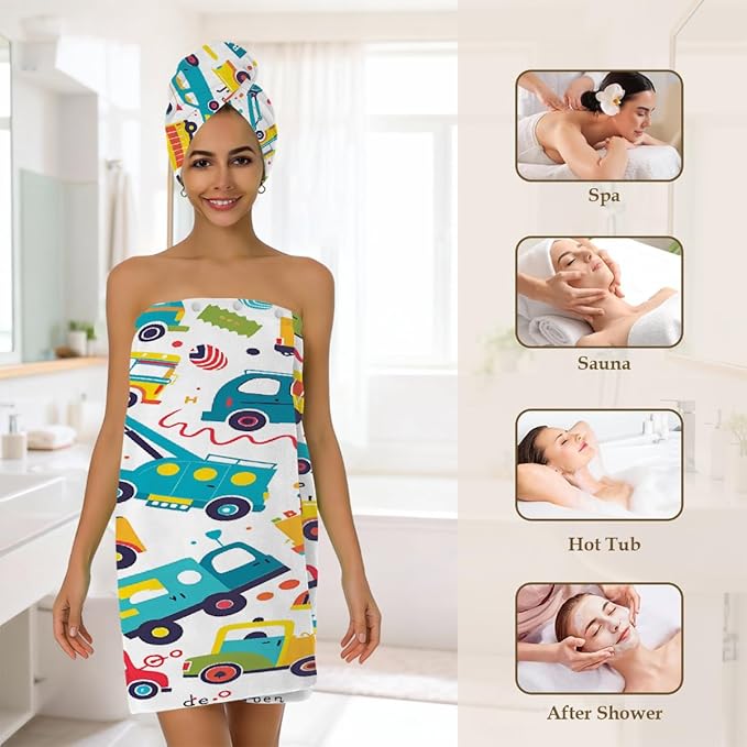 Women Bath Wrap Hair Towel Drying Cap Set Cartoon Colored Truck Cars Soft Absorbent Bathrobe Shower Wraps with Adjustable Closure Spa Bath Robe