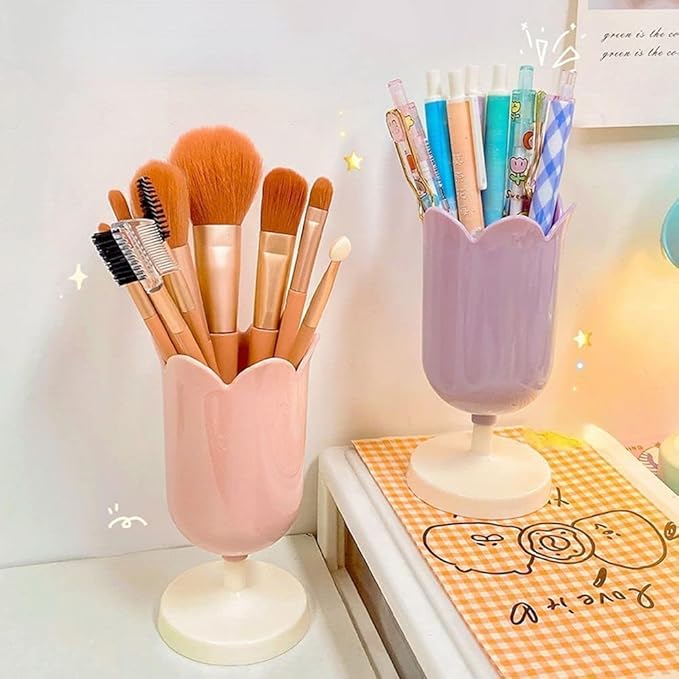 Pink Tulip Pen Holder for Desk, Plastic Stationery Organizer, Cute Desktop Decoration, Seat Back Organizers Consoles and Organizers Office School Supplies