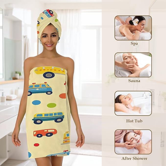 Women Bath Wrap Hair Towel Drying Cap Set Colored Cars Bus Polka Dots Soft Absorbent Bathrobe Shower Wraps with Adjustable Closure Spa Bath Robe