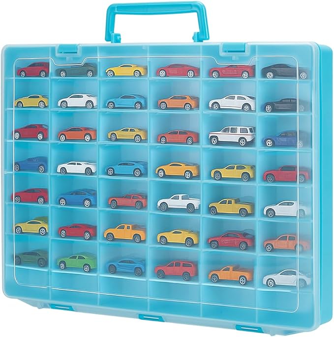CUTHOLLOW Toy Car Storage Organizer - with 48 Compartments and Adjustable Dividers, Portable Mini Toy Model Cars Display Case Holder for Car Collection, Blue