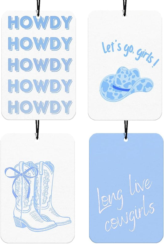 Blue Bows Western Car Air Freshener 4Pcs, Let's Go Girls Cowgirls Western Car Accessories Hanging, Trendy Blue Cars Scents Mirror Decor Retro Cowgirls Boots Cute Air Freshies for Women Teens(Vanilla)