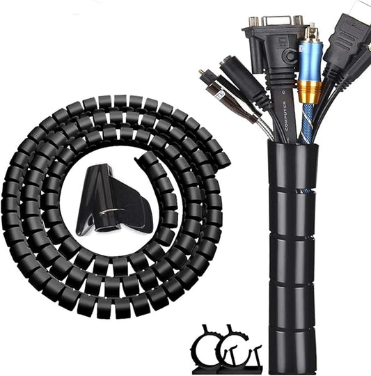 Black Computer Cable Management Sleeve Tube Under Desk Cord Organizer, 7/8 inch -5 ft Cover Wrap Easy to Install Messy Wire Solution for TV Office PC, Pet Chew and Bite Proof Cable Protector