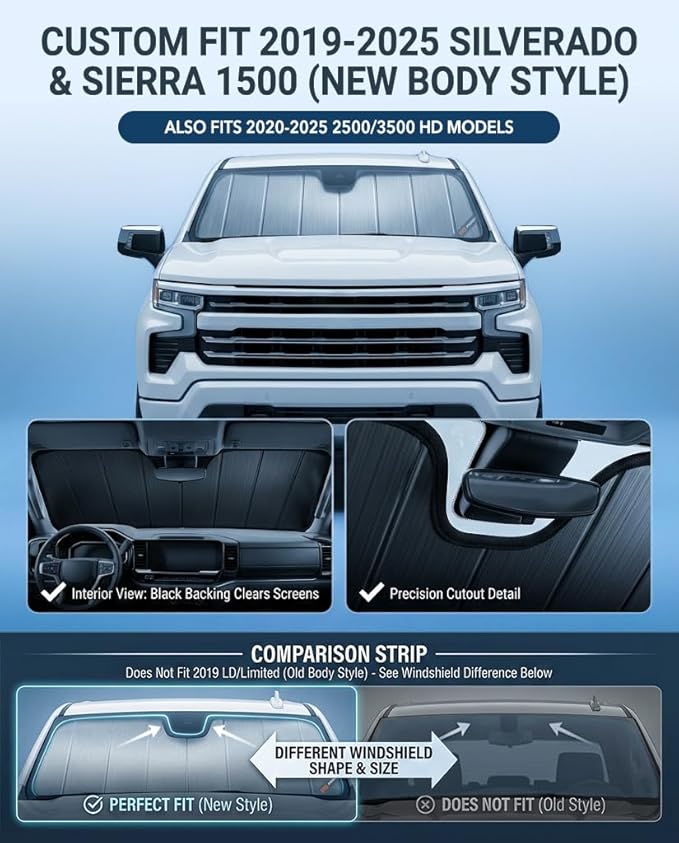 Pigenius Windshield Sun Shade Custom fits Chevy Silverado/GMC Sierra 1500 2019-2025 & 2500/3500 HD 2020-2025 New Body Style Only - Not for 2019 LD/Limited, Reversible Silver/Black