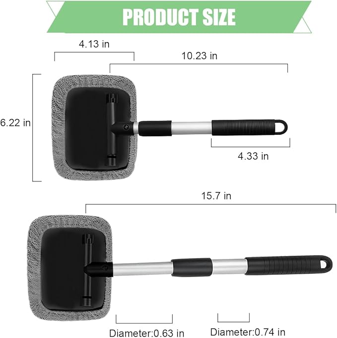 Car Windshield Cleaning Tool, Vehicle Window Cleaner with 3 Reusable Pads & Extendable Handle, Automotive Glass Wiper Wash Kit for Interior Exterior, Universal for Vehicles (Rectangular)