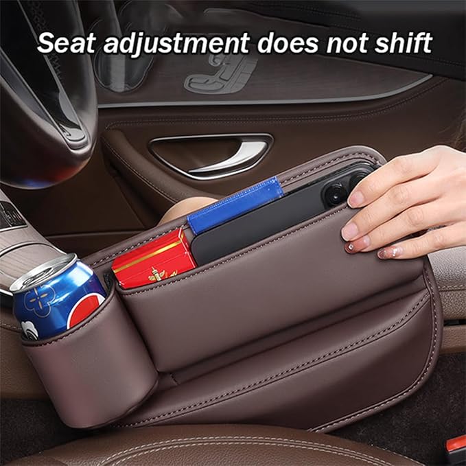 Car Leather Cup Holder Gap Bag, Car Seat Gap Filler Organizer with Cup Holder, Car Storage Organizer Front Seat, Suitable of Cars (2 Pack Brown)