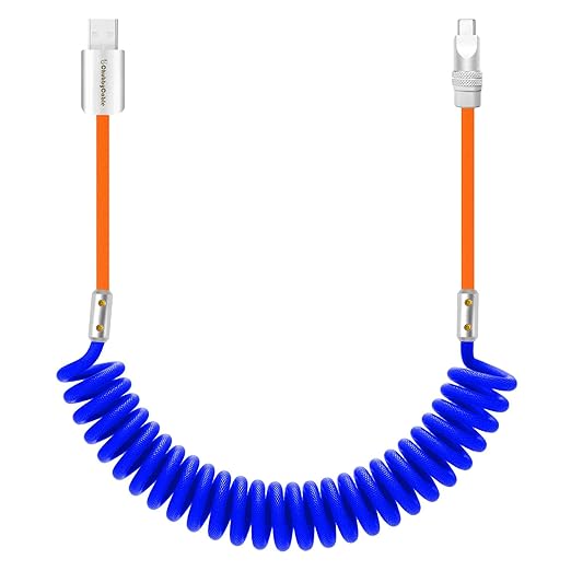 chubbycable Curly Chubby 120W Coiled USB C Cable Retractable Fast Charging Cable for Car Charger Cord Compatible with iPhone 17-15 Series, Dark Blue+Orange, USB-A to Type-C, 2.29FT-3.6FT