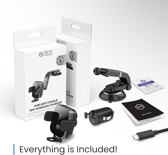 Wireless Car Charger Phone Mount – 15W Charging, Adjustable Stand, Two Mounting Options, Compatible with Phones 3 to 4 Inches - Mini Grip Cradle Multi Angle Suction Cup
