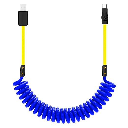 chubbycable Curly Chubby 120W Coiled USB C Cable Retractable Fast Charging Cable for Car Charger Cord Compatible with iPhone 17-15 Series, Blue+Yellow, USB-A to Type-C, 2.29FT-3.6FT