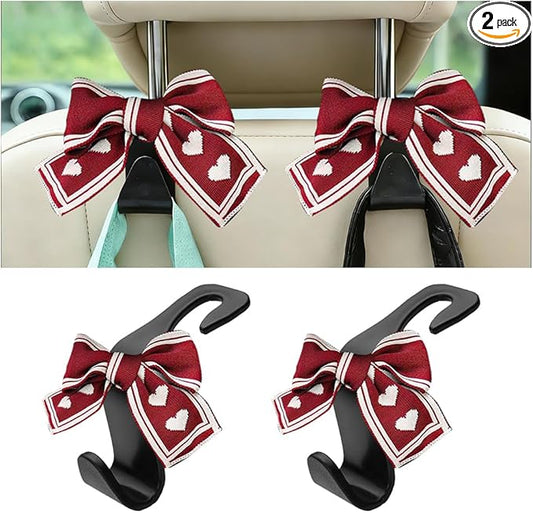 2PCS Car Seat Headrest Hooks, Cute Bow Vehicle Backseat Storage Hanger for Handbag Umbrella Coat, Automotive Seat Back Hook Holder Organizer Decor, Universal for Vehicles (Red/Beige)