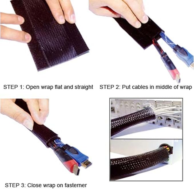 Electriduct 3" Side Entry Cable Wrap Braided Sleeving with Hook & Loop Fastener - 10 Feet (Black)