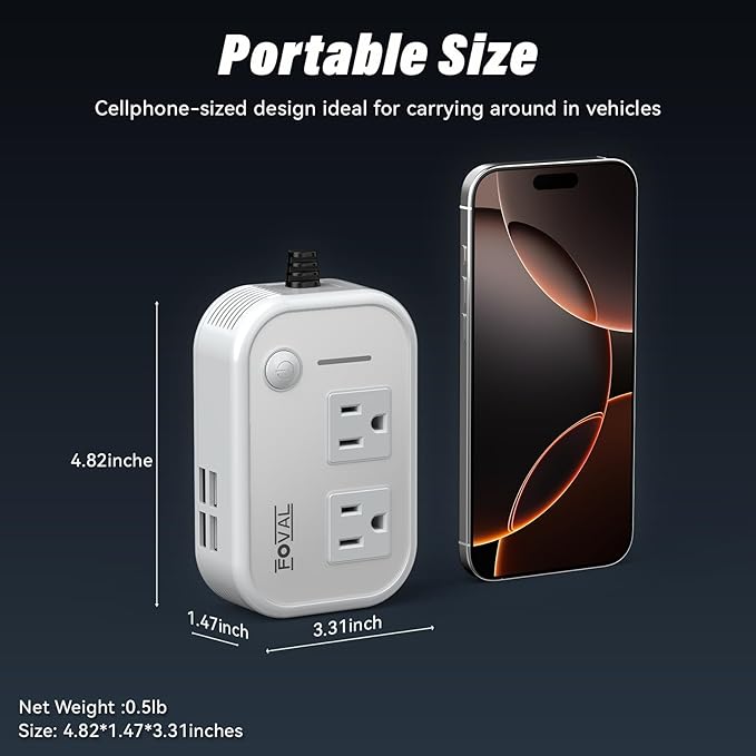 200W Car Power Inverter, FOVAL 12V DC to 110V AC Car Inverte with 4 USB Ports Car Outlet Adapter, Power Inverter for Vehicles, Car Plug Adapter Outlet for Laptop Computer Charger (White)