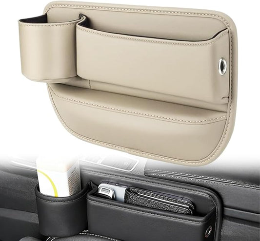 Car Leather Cup Holder Gap Bag, Adjustable Car Seat Gap Storage Box Leather with Cup Holder, for Keys, Cards, Phone, Sunglasses, Multi-Purpose Essentials Organizer (Beige, Driver's Seat)