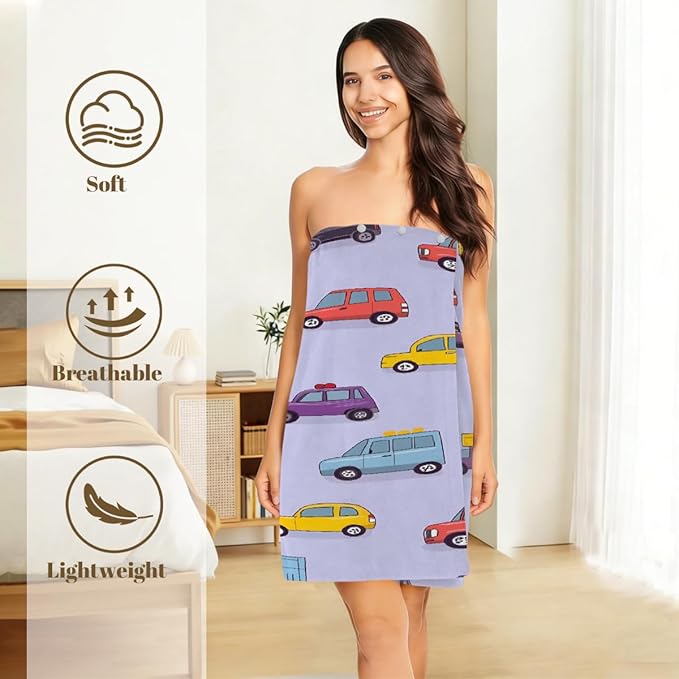 Women's Bath Wrap Cute Cars Pattern Absorbent Shower Spa Body Bath Robe Wraps Bathrobe Towel with Adjustable Closure