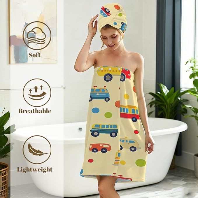 Women Bath Wrap Hair Towel Drying Cap Set Colored Cars Bus Polka Dots Soft Absorbent Bathrobe Shower Wraps with Adjustable Closure Spa Bath Robe