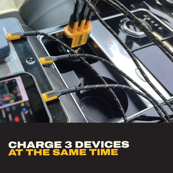 DEWALT 65W PD 3-Port Car Charger – USB-C PPS Fast Charging Adapter for Laptops, Phones & Tablets, Dual USB-C + USB-A Ports, 65W Total Output for Efficient Type C + USB Multi-Device Charging On The Go