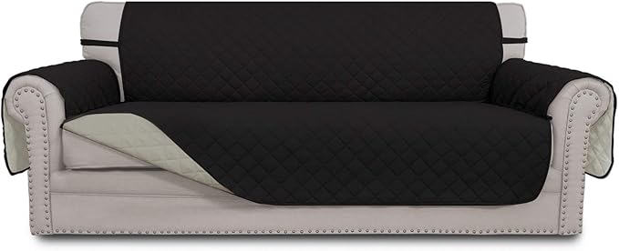 Easy-Going 4 Seater Sofa Slipcover Reversible Sofa Cover Water Resistant Couch Cover with Foam Sticks Elastic Straps Furniture Protector for Pets Children Dog Cat (XX-Large, Black/Beige)