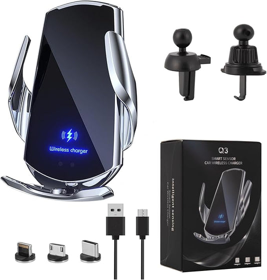 Wireless Car Charger Mount Automotive Electric Induction 15W Wireless Charger Car Auto Clamping Car Phone Holder Mount Wireless Charging Mount Vent Phone Holde Compatible with Android (Silver)